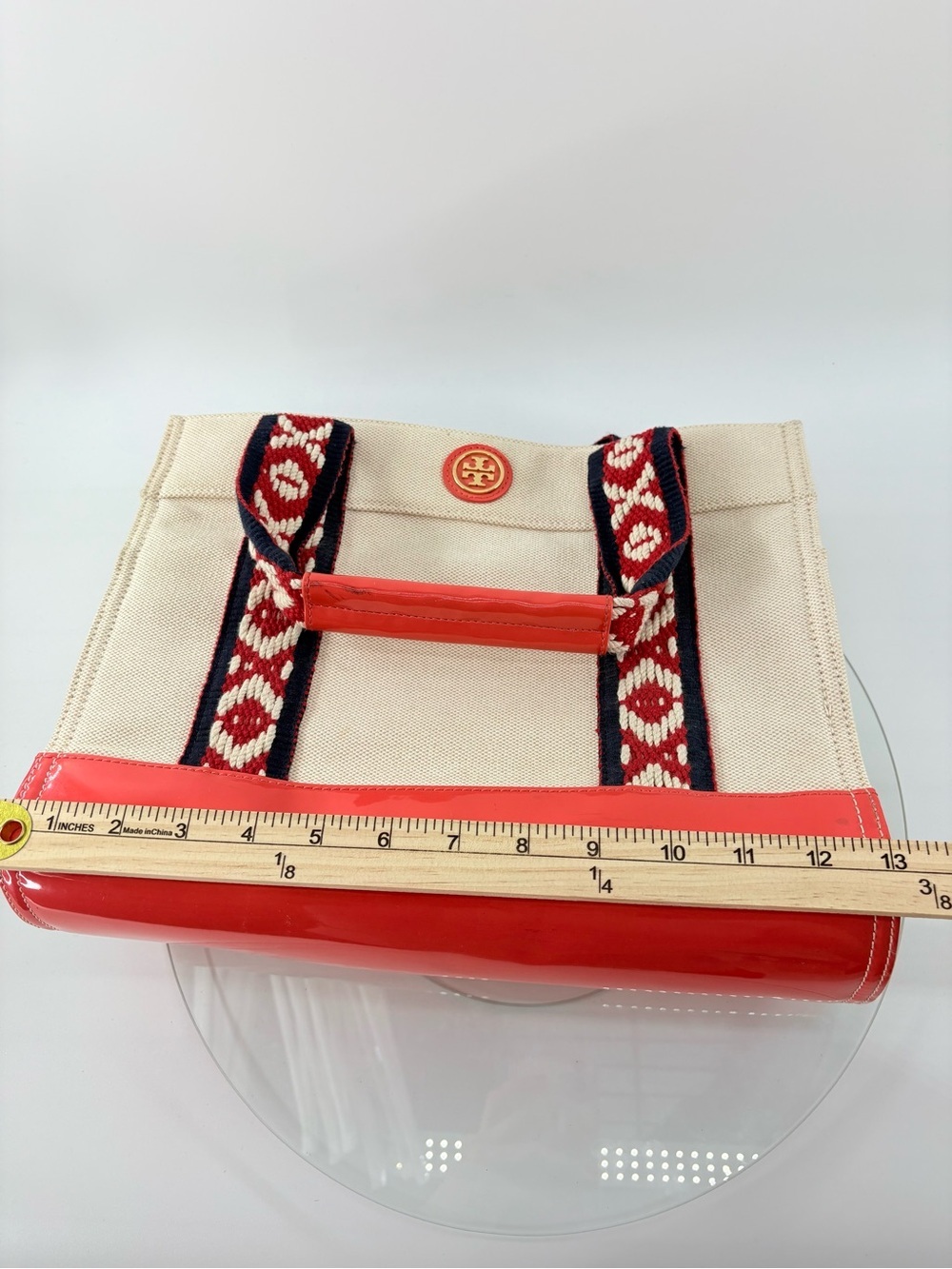 Tory Burch Canvas Tote Bag Coral Patent Trim Embroidered Straps Beach Summer - Picture 14 of 15